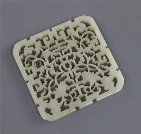 A Chinese pale celadon jade square plaque, 19th century, W. 7.2cm